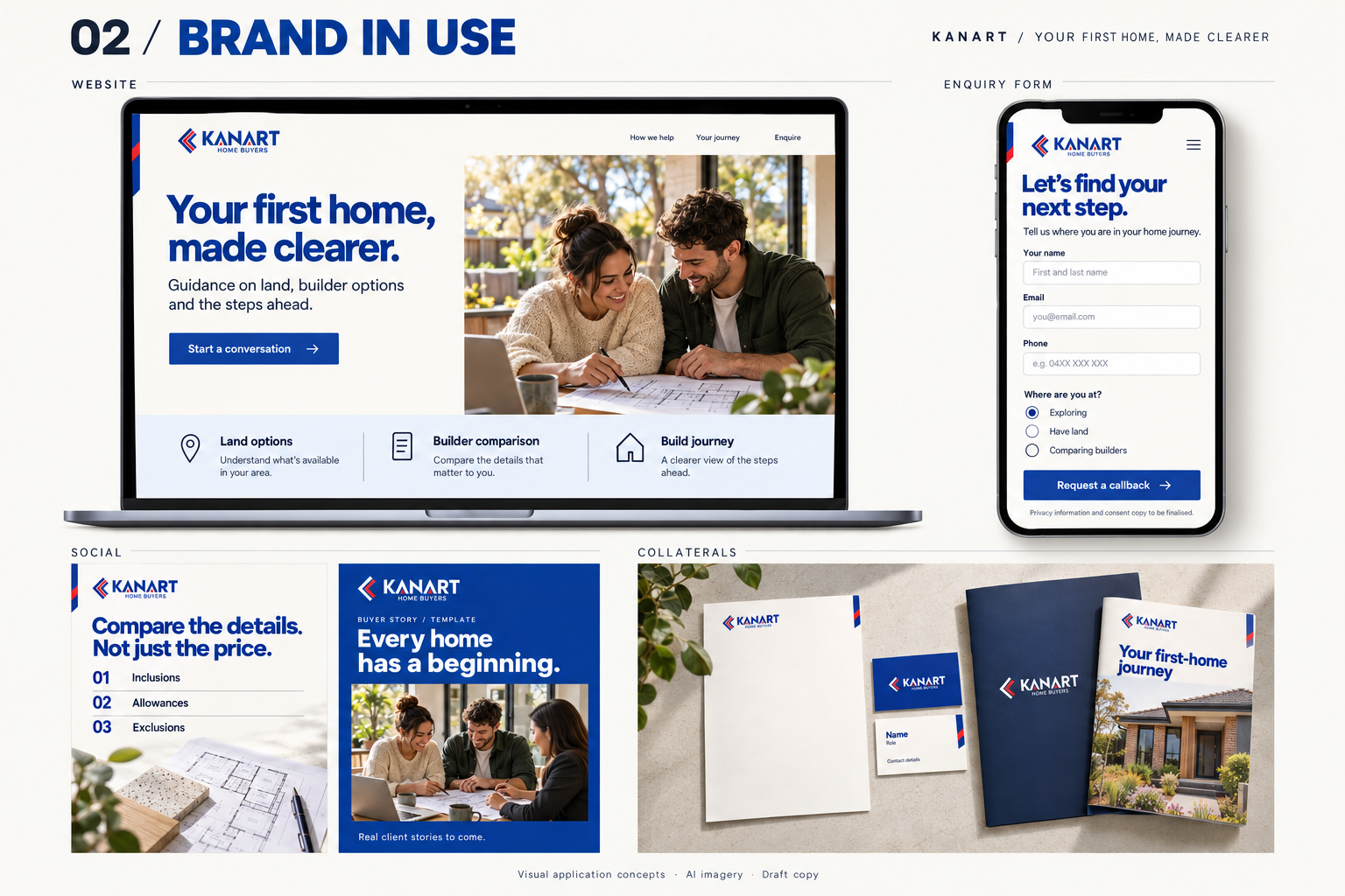 Kanart brand application board showing website, mobile enquiry form, social posts and stationery