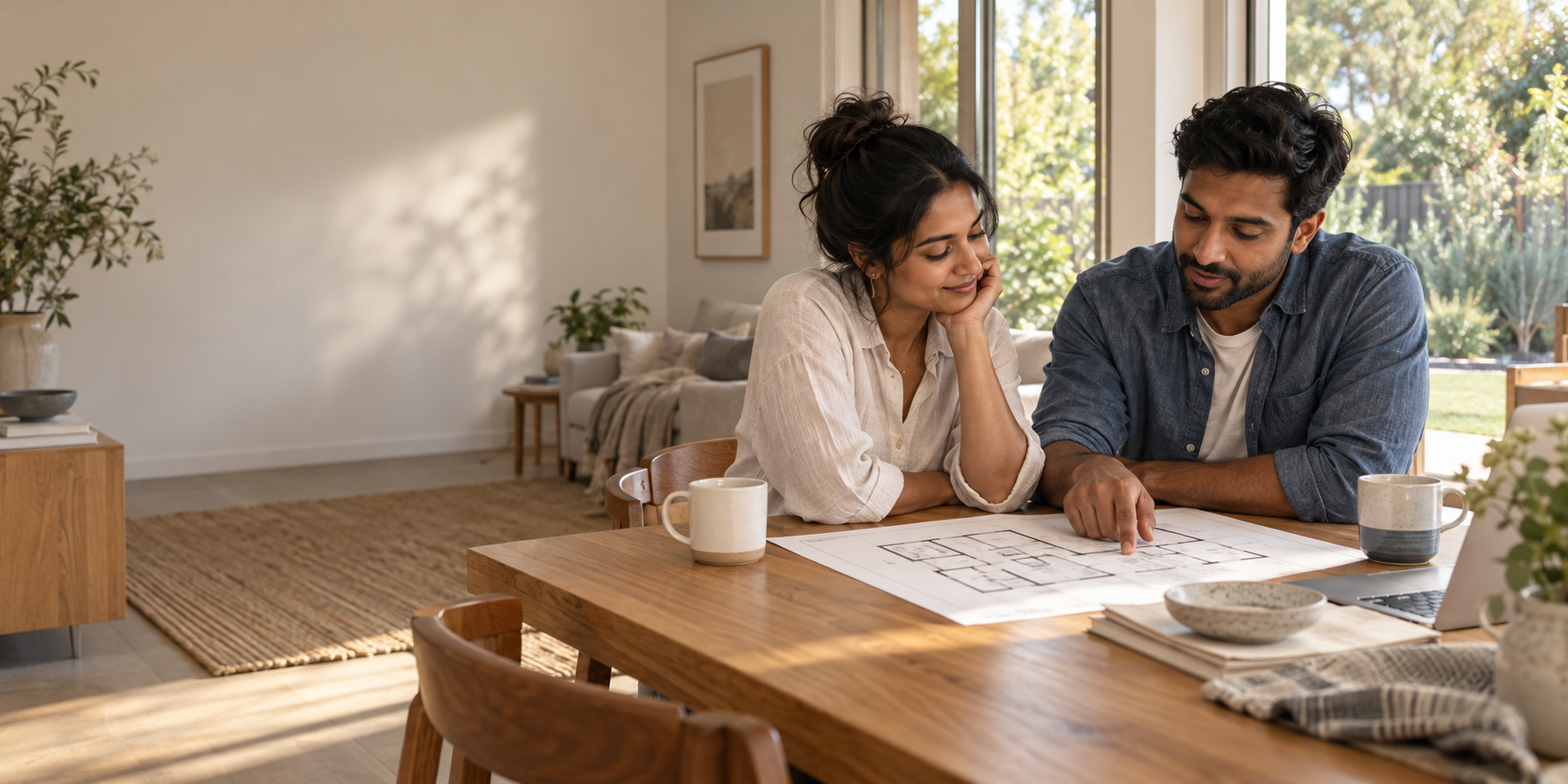 Concept photography of first-home buyers reviewing floorplans in a light-filled home